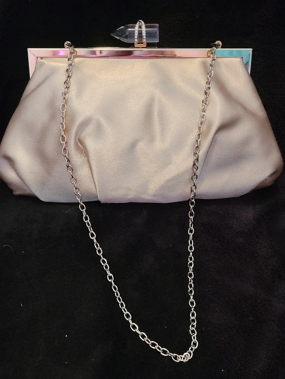 Vintage Kate Landry Champagne Satin Evening Clutch with Chain Crystal Accent EUC